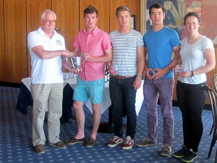 Varsity Match Racing at the Royal Southern: The victorious Cambridge Firsts team (Josh Flack, Hugo Sloper, Tim Gratton, Lisa McDanell) receive the Eurynome Bowl from RSYC Vice Commodore Chris Mansfield photo copyright Anthony Butler taken at Royal Southern Yacht Club and featuring the Match Racing class