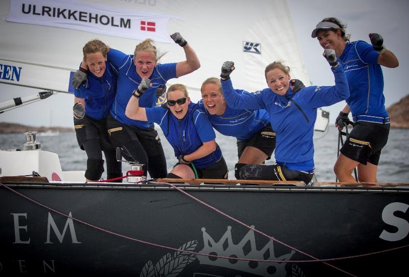 Camilla Ulrikkeholm and her crew from Denmark cheering after their fourth consecutive victory in Lysekil Women's Match, the third stage of the 2014 Women's International Match Racing Series photo copyright Dan Ljungsvik / LWM taken at  and featuring the Match Racing class