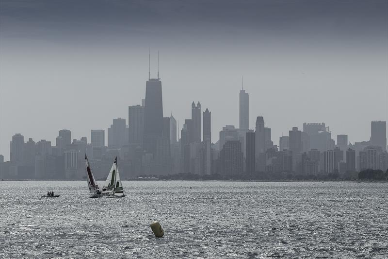 A beautiful backdrop during the Quarter Finals of the Chicago Match Cup photo copyright Ian Roman / AWMRT taken at Chicago Match Race Center and featuring the Match Racing class
