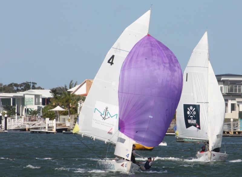 Harry Price pushing through the heavy wind while Caitlin Tames took a more conservative approach on Day 2 of the Australian Youth Match Racing Championship 2015 photo copyright Tracey Johnstone taken at Mooloolaba Yacht Club and featuring the Match Racing class