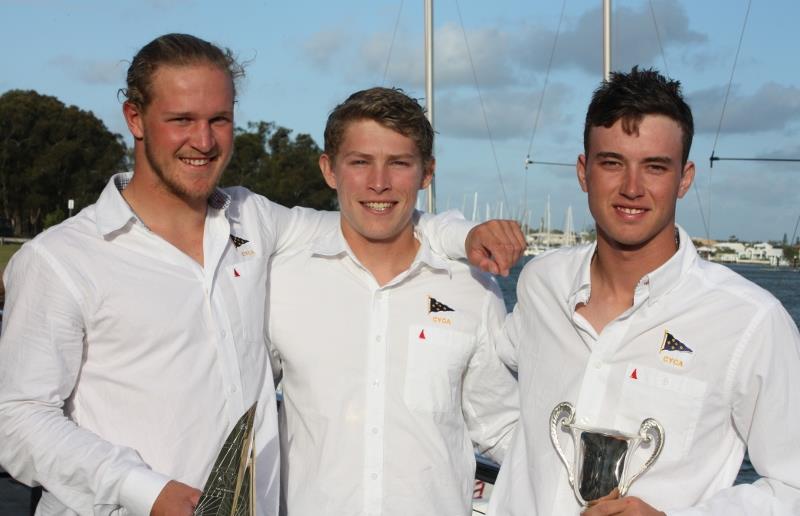 CYCA's Full Bants Racing Team of Ben Robinson, Murray Jones and skipper Harry Price win the Australian Youth Match Racing Championship 2015 photo copyright Tracey Johnstone taken at Mooloolaba Yacht Club and featuring the Match Racing class