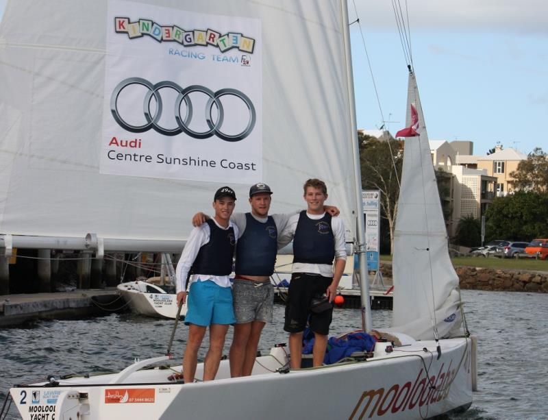 CYCA's Full Bants Racing Team of crew Ben Robinson, Murray Jones and skipper Harry Price win the Australian Youth Match Racing Championship 2015 photo copyright Tracey Johnstone taken at Mooloolaba Yacht Club and featuring the Match Racing class
