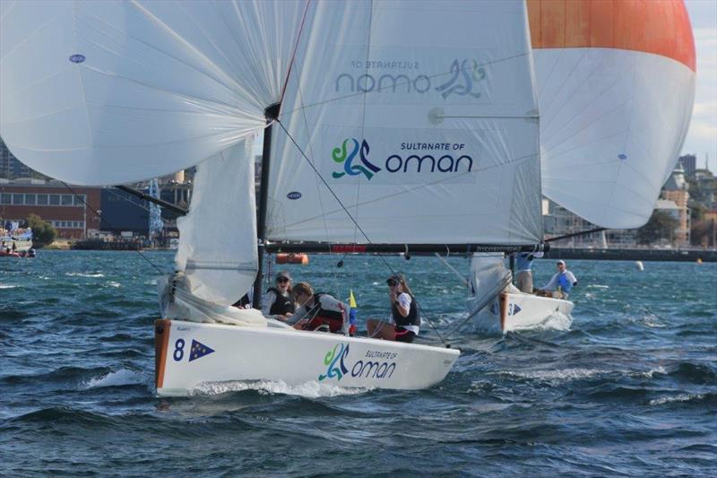 Emma May leading James Hodgson in a close race at the NSW Youth Match Racing Championship day 1 photo copyright Pam Scrivenor taken at Cruising Yacht Club of Australia and featuring the Match Racing class
