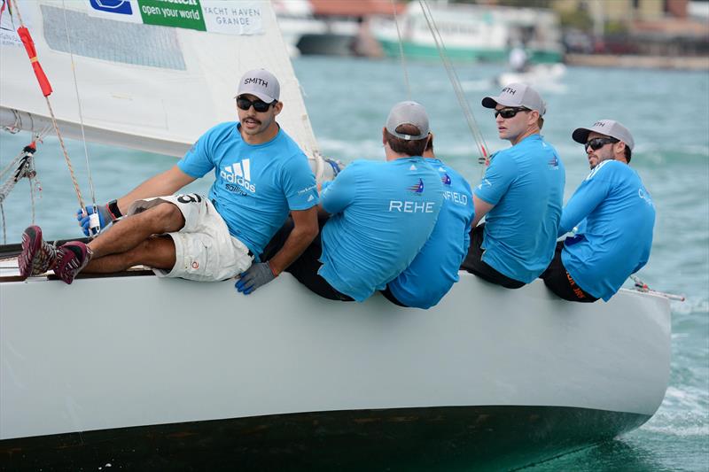 The USVI's Taylor Canfield, far right, remains undefeated with 6 wins on day 1 of the 2015 Carlos Aguilar Match Race photo copyright Dean Barnes taken at St. Thomas Yacht Club and featuring the Match Racing class