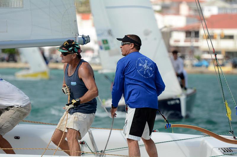The USVI's Peter Holmberg (far right) and crew Maurice Kurg in the hunt on day 2 of the 2015 Carlos Aguilar Match Race photo copyright Dean Barnes taken at St. Thomas Yacht Club and featuring the Match Racing class