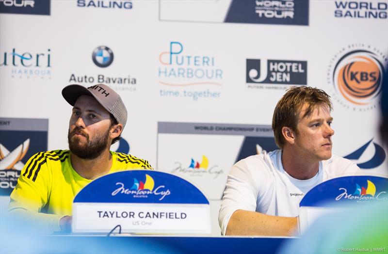 A tense moment after Taylor Canfield made an announcement about having Chris Main on his team for the upcoming season at the at the Monsoon Cup Press Conference this evening photo copyright Robert Hajduk / WMRT taken at  and featuring the Match Racing class