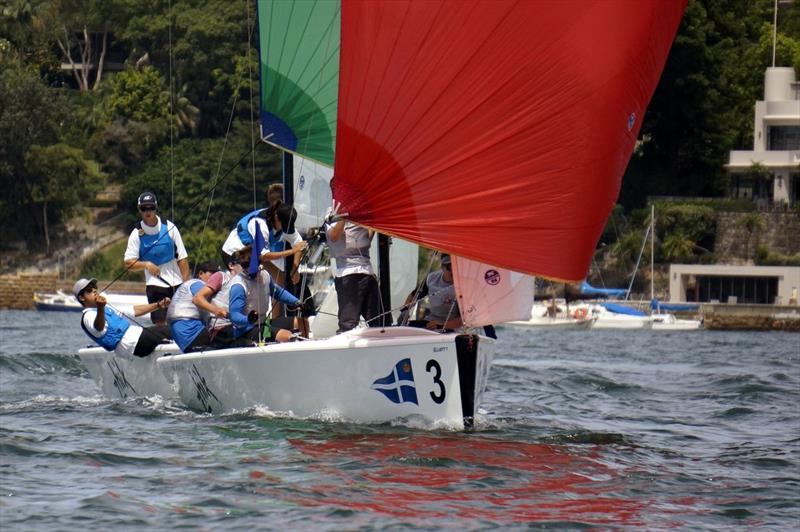 The New Caledonian crew leading RNZYS on a downwind leg of their semi-final during the Hardy Cup Match Racing in Sydney photo copyright Raoul de Ferranti taken at Royal Sydney Yacht Squadron and featuring the Match Racing class