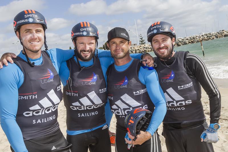 Taylor Canfield (far right) and US One on day 2 of World Match Racing Tour Fremantle - photo © Ian Roman / World Match Racing Tour