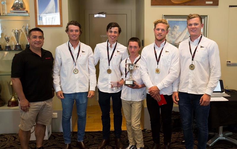 Sharp's Ed Gaete presents the Australian Youth Match Racing Championship cup to the champions photo copyright Hamish Hardy / CYCA taken at Cruising Yacht Club of Australia and featuring the Match Racing class
