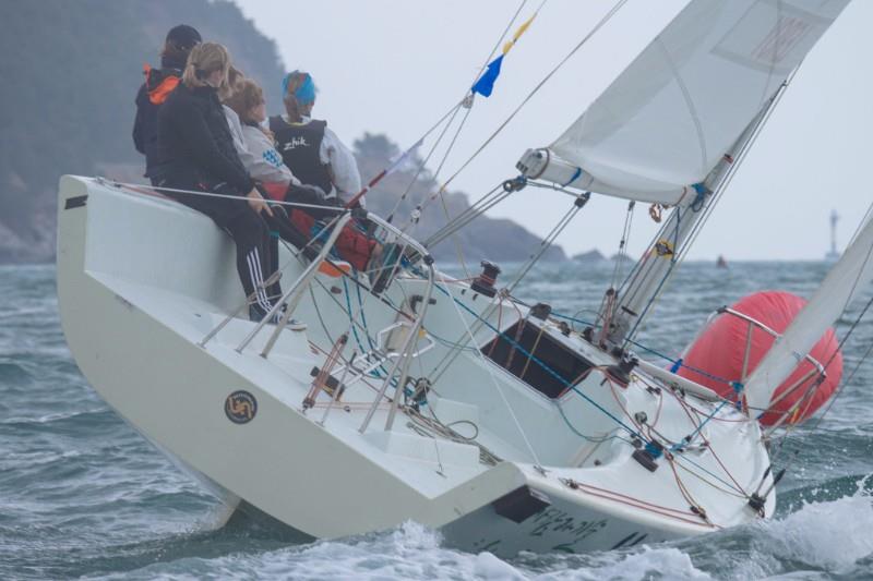 This is the view Claire Leroy showed her opponents in the Busan Cup Women's International Match Race, the 4th event of the 2016 WIM Series. Her French Mermaid Sailing Team won the round-robin on a 9 – 2 score photo copyright Kim Wolf / WIM Series taken at  and featuring the Match Racing class