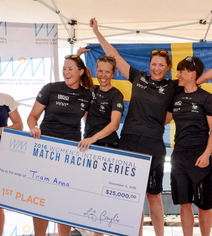 wedish Team Anna, with Annie Wennergren, Anna Östling, Linnea Wennergren and Karin Almqvist, took the 2016 WIM Series title. They received their prize check at the 5th and final event, the Carlos Aguilar Match Race in U.S. Virgin Islands, in December 2016 photo copyright Dean Barnes / CAMR taken at St. Thomas Yacht Club and featuring the Match Racing class