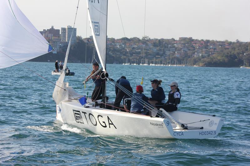Happy sailors on Costanzo's team as they cross the finish line during the CYCA Youth Sailing Academy's Marinassess Women's Match Racing Regatta photo copyright Nick Fondas taken at Cruising Yacht Club of Australia and featuring the Match Racing class