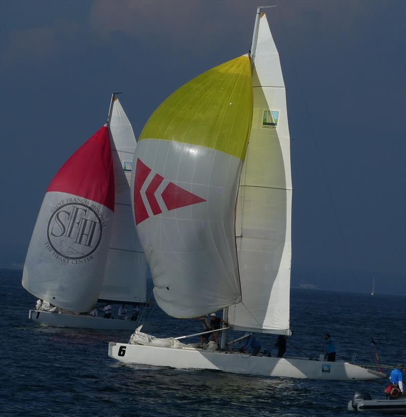In the last race of the Round Robin Minima (red spinnaker) can't quite get in front of Royal St Lawrence, in Oyster Bay, Long Island, who pipped them to a place in the semi-finals  of the Seawanhaka International Challenge Cup 2017 photo copyright John Forbes taken at Seawanhaka Corinthian Yacht Club and featuring the Match Racing class