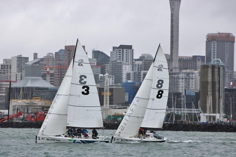 Finn Tapper (CYCA) in the lead on day 2 of the 2018 Nespresso Youth International Match Racing Cup photo copyright Andrew Delves taken at Royal New Zealand Yacht Squadron and featuring the Match Racing class