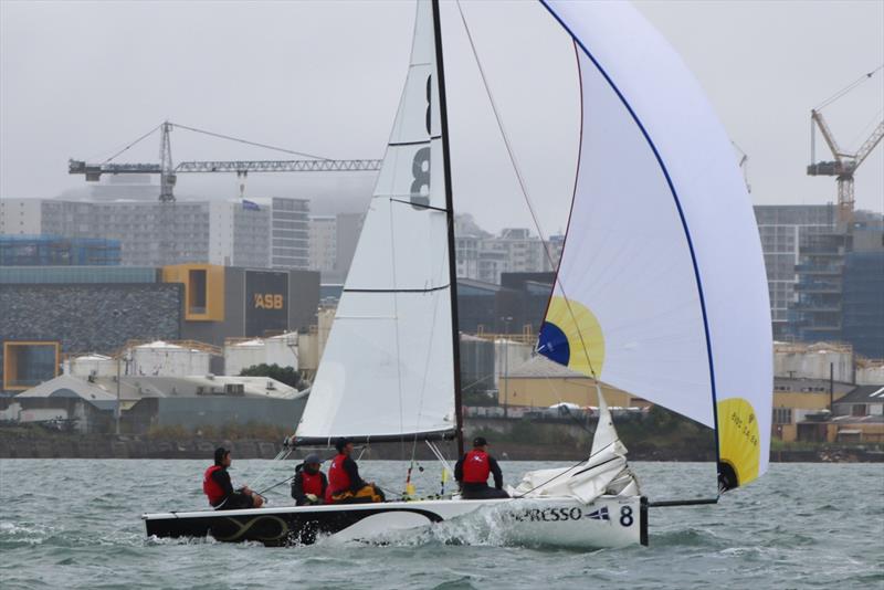 Takahashi downwind on day 2 of the 2018 Nespresso Youth International Match Racing Cup photo copyright Andrew Delves taken at Royal New Zealand Yacht Squadron and featuring the Match Racing class