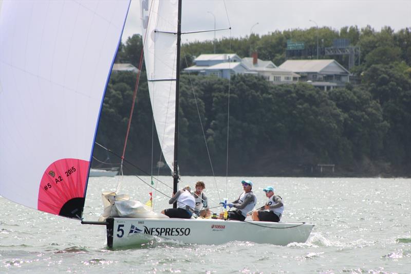 Stevenson (RNZYS) on day 3 of the 2018 Nespresso Youth International Match Racing Cup photo copyright Andrew Delves taken at Royal New Zealand Yacht Squadron and featuring the Match Racing class