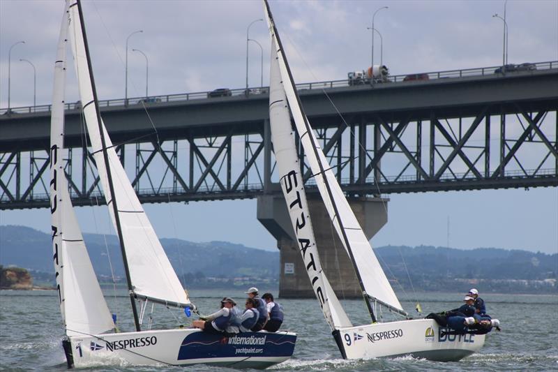 Tapper leads Costanzo on day 3 of the 2018 Nespresso Youth International Match Racing Cup photo copyright Andrew Delves taken at Royal New Zealand Yacht Squadron and featuring the Match Racing class