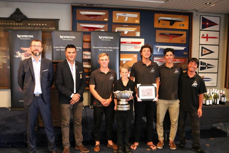 Takahashi and team collect the spoils at the 2018 Nespresso Youth International Match Racing Cup photo copyright Andrew Delves taken at Royal New Zealand Yacht Squadron and featuring the Match Racing class
