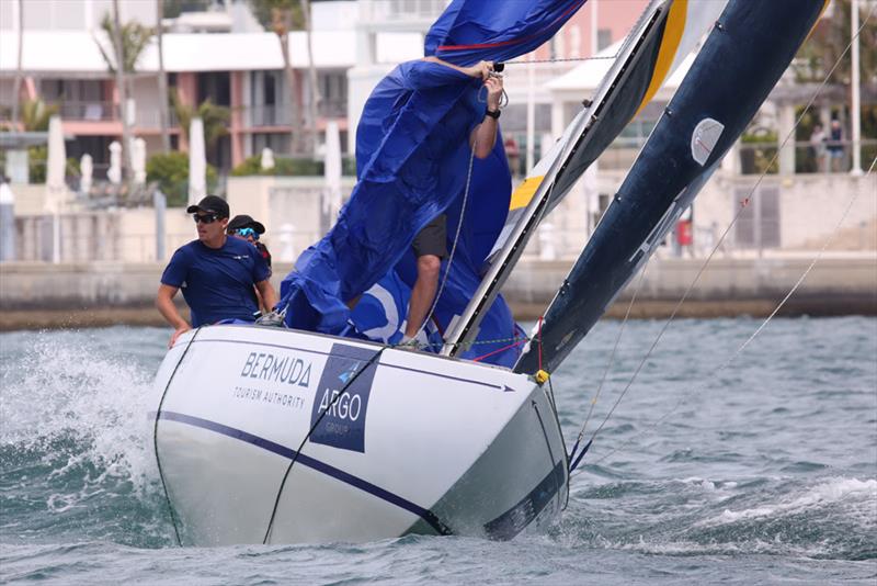 Torvar Mirsky's bowman Graeme Spence is wrapped in the spinnaker - 2018 Argo Group Gold Cup - Day 2 photo copyright Charles Anderson / RBYC taken at Royal Bermuda Yacht Club and featuring the Match Racing class
