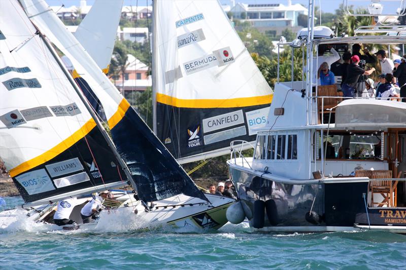 The Race 2 pre-start of the 2020 Bermuda Gold Cup final, where Ian Williams collides with the commentary boat after being hounded by Taylor Canfield photo copyright Charles Anderson taken at Royal Bermuda Yacht Club and featuring the Match Racing class