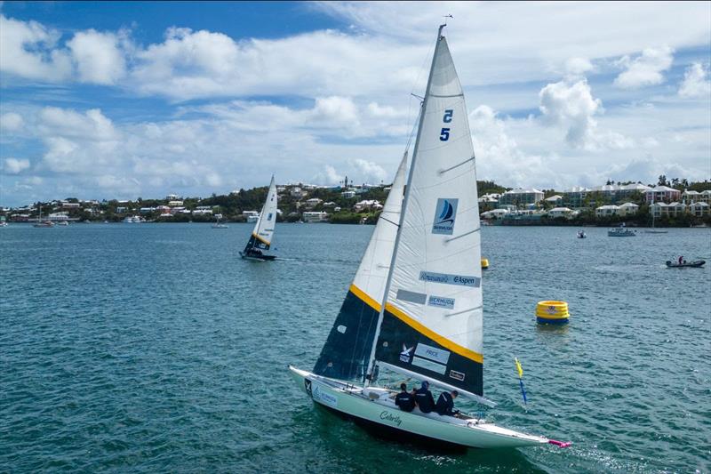 Harry Price's Down Under Racing crew trails Celia Willison's Edge Racing New Zealand on the first upwind leg of their Group 1, Flight 4 match at the 71st Bermuda Gold Cup photo copyright Ian Roman / WMRT taken at Royal Bermuda Yacht Club and featuring the Match Racing class