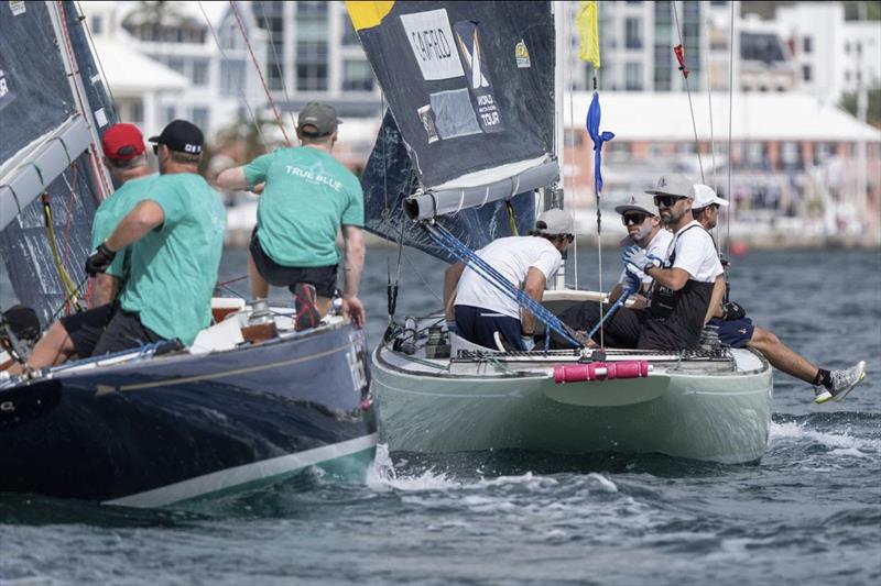 Taylor Canfield (second from left) has the measure of Gavin Brady in a pre-start of their Quarterfinal Round match - Bermuda Gold Cup 2023 photo copyright Ian Roman / WMRT taken at Royal Bermuda Yacht Club and featuring the Match Racing class