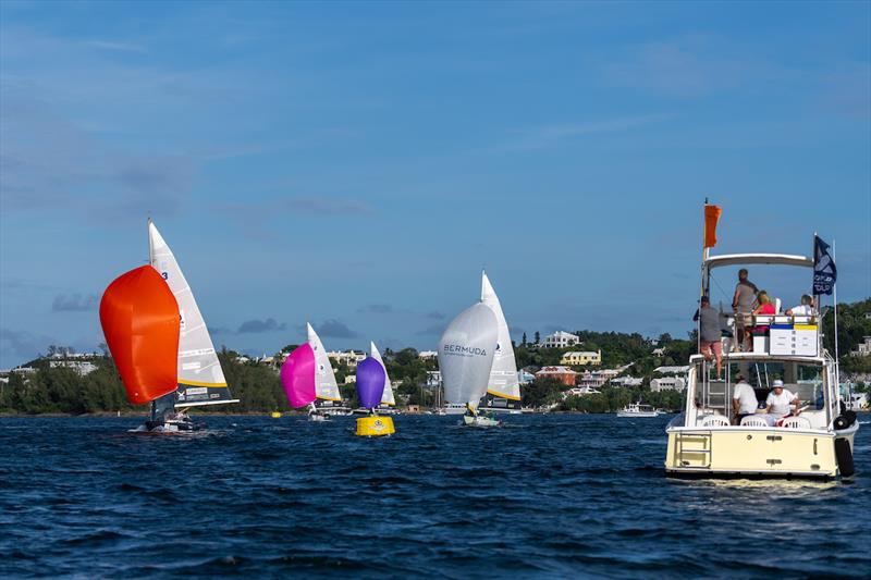 Taylor Canfield (left) and Gavin Brady (right) bookend Harry Price and Eric Monnin during the quarterfinals on Hamilton Harbour photo copyright Ian Roman / WMRT taken at Royal Bermuda Yacht Club and featuring the Match Racing class