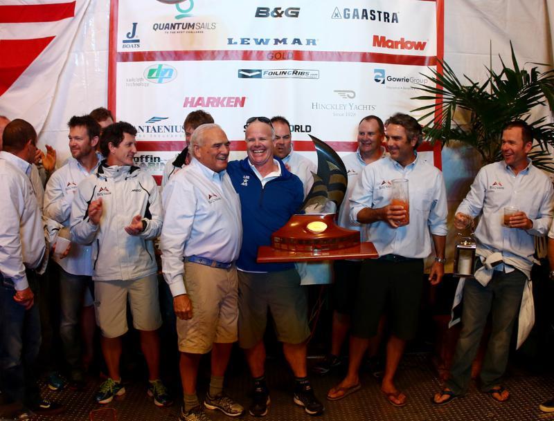 The Belle Mente team take the stage for the Boat of the Week Trophy at Quantum Key West Race Week 2016 photo copyright Max Ranchi / Quantum Key West taken at Storm Trysail Club and featuring the Maxi 72 Class class