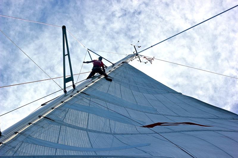 Climbing Adela's rig during The Superyacht Challenge Antigua photo copyright Louay Habib taken at  and featuring the Maxi class