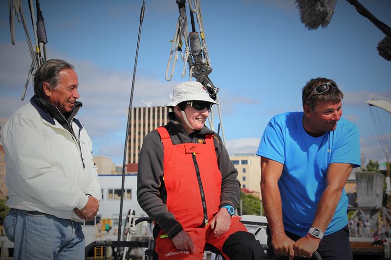 CYCA Commodore John Cameron congratulates Syd Fischer and David Witt on their second place on line honours in the Rolex Sydney Hobart Yacht Race photo copyright Nic Douglass taken at Cruising Yacht Club of Australia and featuring the Maxi class