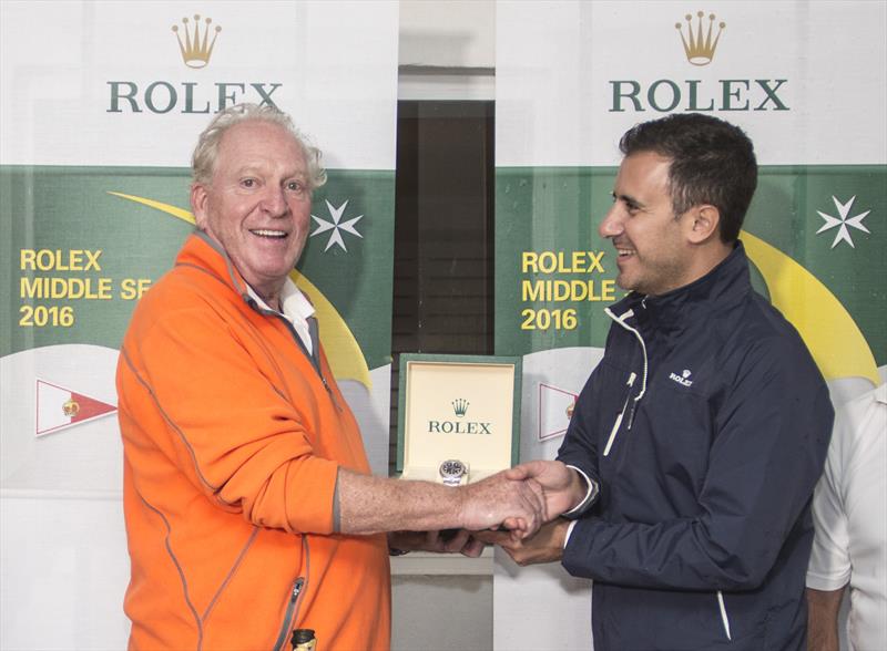 George David was awarded a Rolex Oyster Perpetual Yacht Master in Rolesium by Malcolm Lowell of Edwards Lowell, Malta after the Rolex Middle Sea Race photo copyright Rolex / Kurt Arrigo taken at Royal Malta Yacht Club and featuring the Maxi class