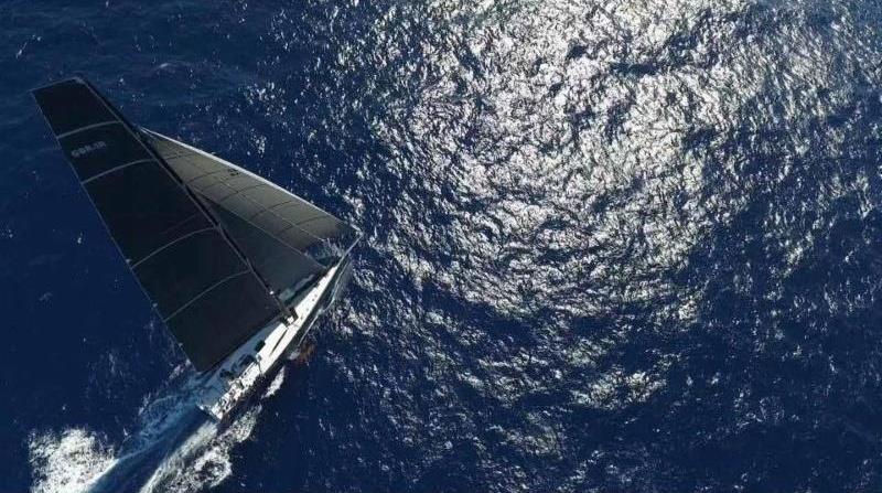 Mike Slade's, Leopard 3 charging along at 16 to 20 knots in the RORC Transatlantic Race. Kolja Frase captured this fantastic transatlantic image with a drone as the Maxi closes in on the spice island of Grenada - photo © Leopard3 / Kolja Frase