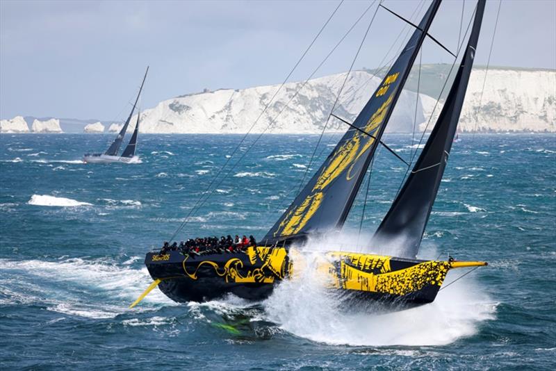 The supermaxi Skorpios, the largest yacht in the race, encounters steep waves as she enters the English Channel photo copyright Carlo Borlenghi taken at Royal Ocean Racing Club and featuring the Maxi class