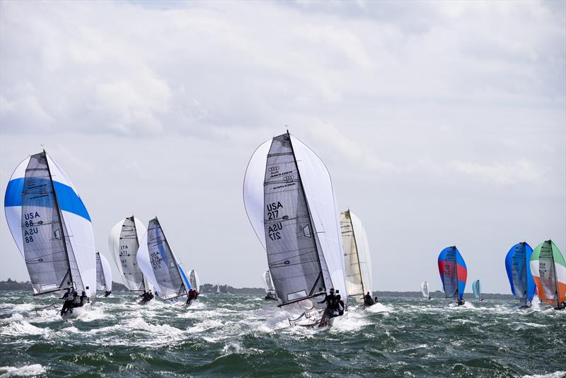 The Audi Melges 20s race downwind on Biscayne Bay on day 5 at 2014 Bacardi Miami Sailing Week photo copyright Cory Silken / BMSW taken at Biscayne Bay Yacht Club and featuring the Melges 20 class