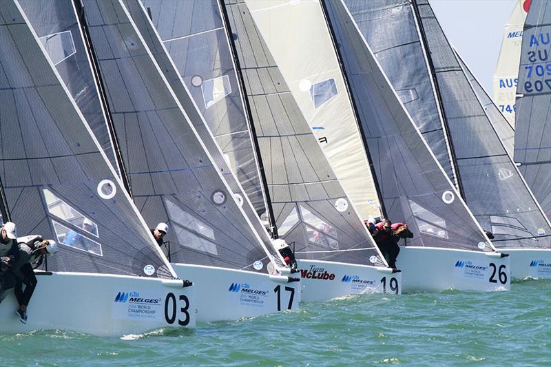 Bandit (Bow 3 - Warwick Rooklyn), Star (Bow 17 - Harry Melges), Cavallino (Bow 19 - Chris Larson) and Altea ( Bow 26 - Andrea Racchelli) on day 1 of the Gill Melges 24 World Championships at Geelong photo copyright Teri Dodds taken at Royal Geelong Yacht Club and featuring the Melges 24 class