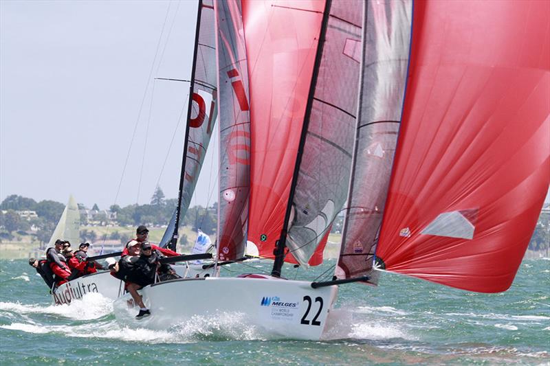 Red Mist (Bow 22 - Robin Deussen) and Audi (Riccardo Simoneschi) on day 1 of the Gill Melges 24 World Championships at Geelong photo copyright Teri Dodds taken at Royal Geelong Yacht Club and featuring the Melges 24 class