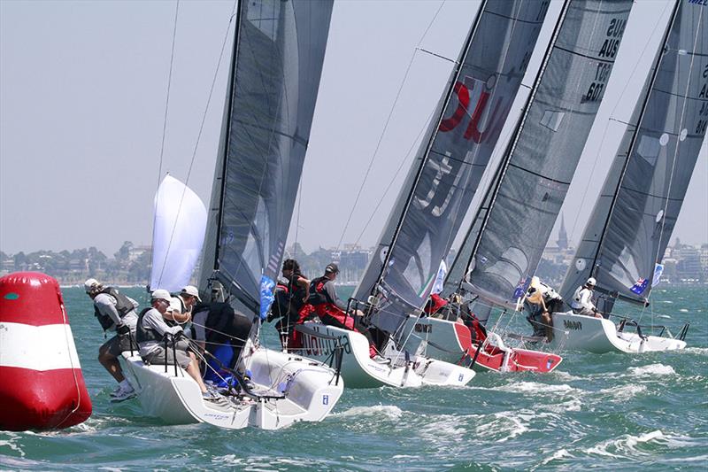 Star ( Harry Melges), Audi ( Riccardo Simoneschi), Red Mist (Robin Duessen) and Bandit (Warwick Rooklyn) on day 2 of the Gill Melges 24 World Championships at Geelong photo copyright Teri Dodds taken at Royal Geelong Yacht Club and featuring the Melges 24 class