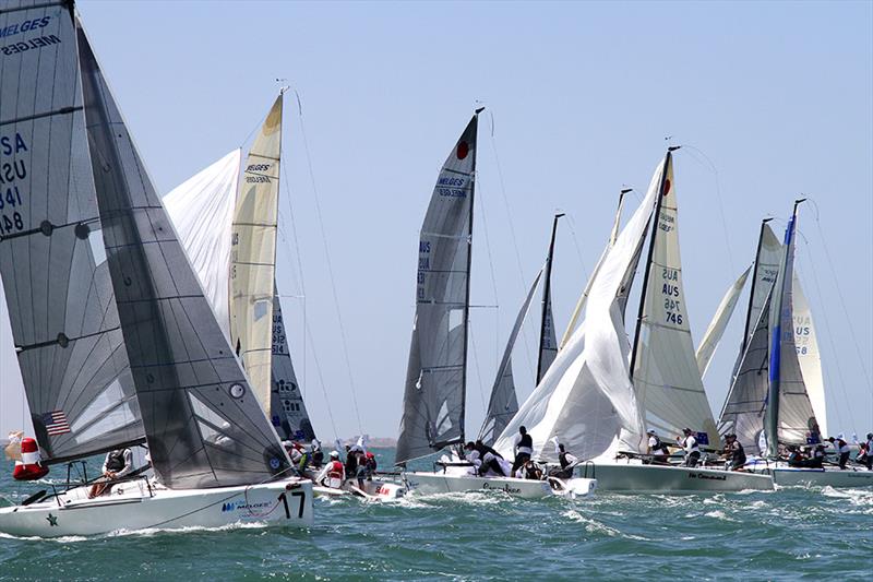Busy mark rounding on day 3 of the Gill Melges 24 World Championships at Geelong photo copyright Teri Dodds taken at Royal Geelong Yacht Club and featuring the Melges 24 class