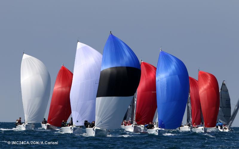 The fleet downwind on day 1 of the Melges 24 European Sailing Series in Portoroz photo copyright IM24CA / ZGN / Andrea Carloni taken at Yachting Club Portorož and featuring the Melges 24 class