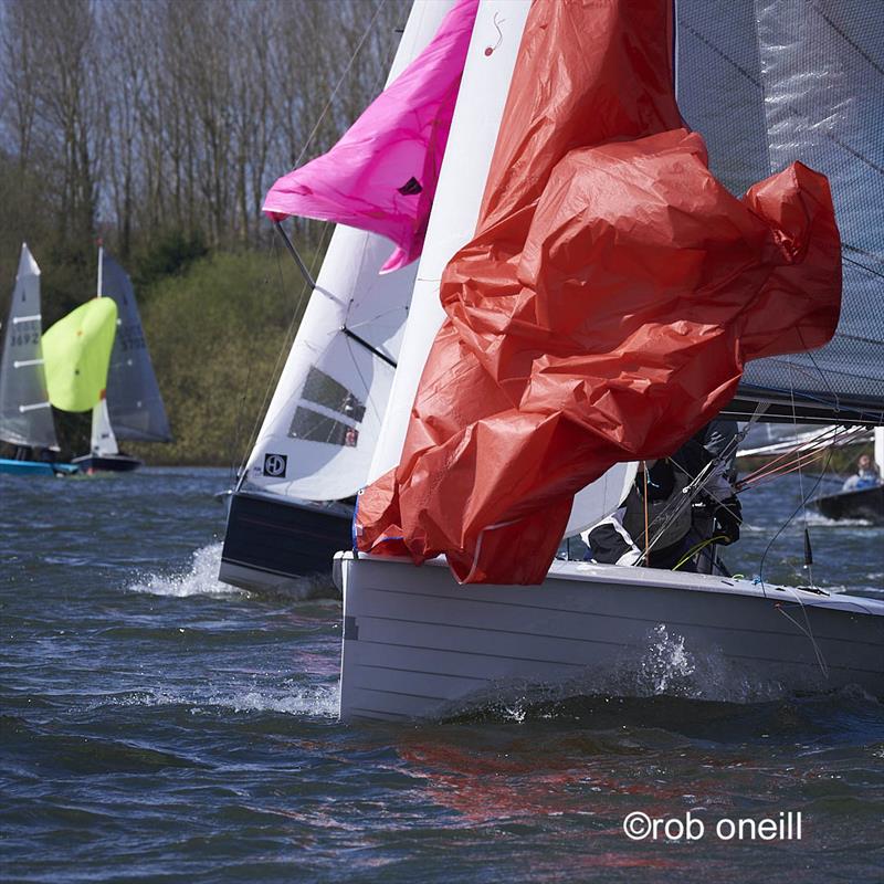 Spinnaker drop during the Merlin Rocket Allen South East Series Round 1 at Broxbourne photo copyright Rob O'Neill taken at Broxbourne Sailing Club and featuring the Merlin Rocket class