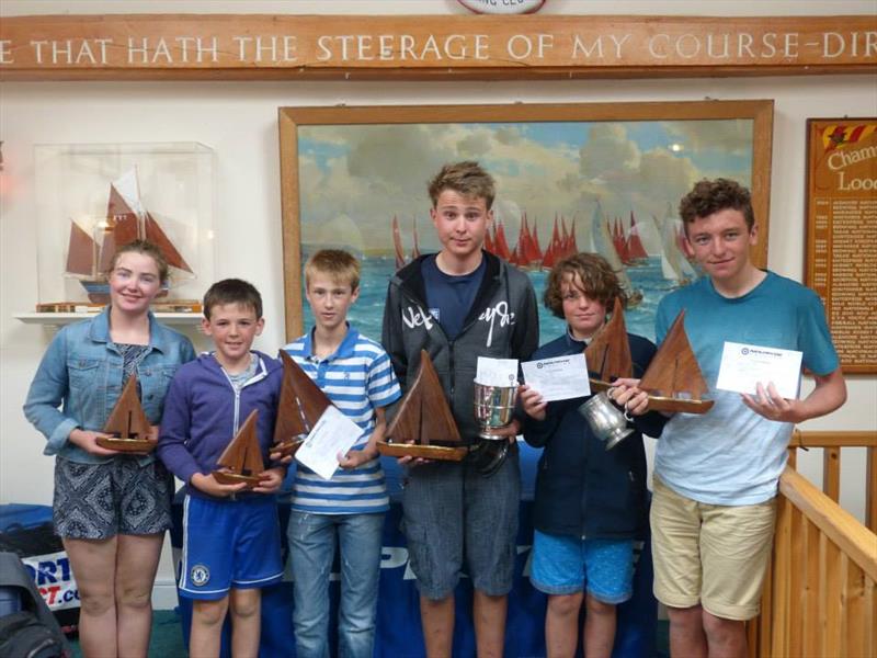 Mirror Western Championship prize winners (l to r) Esther Bowdler, Connor Landan, Sandy Simpson Jnr, Robert Richardson, Archie Hawkins, Ollie Hawkins photo copyright Catherine Richardson taken at Looe Sailing Club and featuring the Mirror class