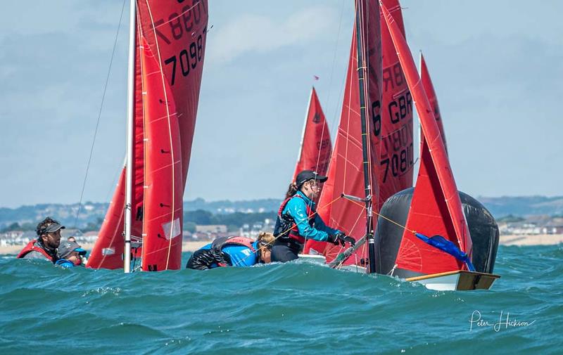 Poppy Luxton and Lottie Tregaskes lead at the windward mark in race 1 - Vaikobi Mirror National Championships at Hayling Island photo copyright Peter Hickson taken at Hayling Island Sailing Club and featuring the Mirror class