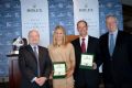 (l to r) Rolex Watch U.S.A.�s President and CEO Stewart Wicht, 2011 Rolex Yachtswoman of the Year Anna Tunnicliffe, 2011 Rolex Yachtsman of the Year Bill Hardesty, US Sailing President Gary Jobson