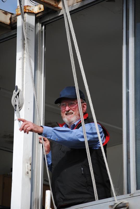 DSS officer of the day Gilbert Leitch watches the record fleet from the starter's box at Castray Esplanade photo copyright Peter Campbell taken at Derwent Sailing Squadron