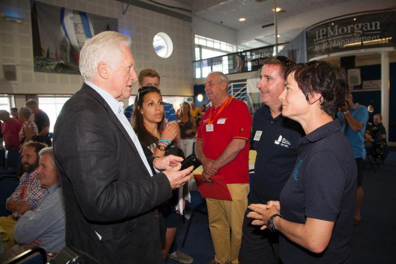 Veteran broadcaster  David DImbleby chats to Frank Fletcher and Dame Ellen MacArthur from the official charity, the Ellen MacArthur Cancer Trust - photo © Patrick Eden