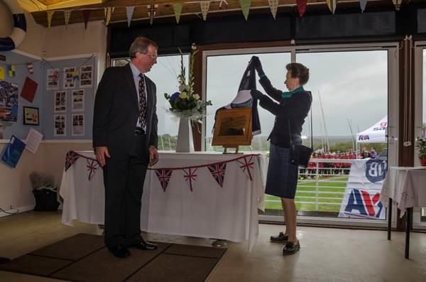 Mark Lewis, SDSC Commodore and HRH The Princess Royal unveiling the new plaque to commemorate the visit photo copyright Lisa Metcalf taken at Scaling Dam Sailing Club