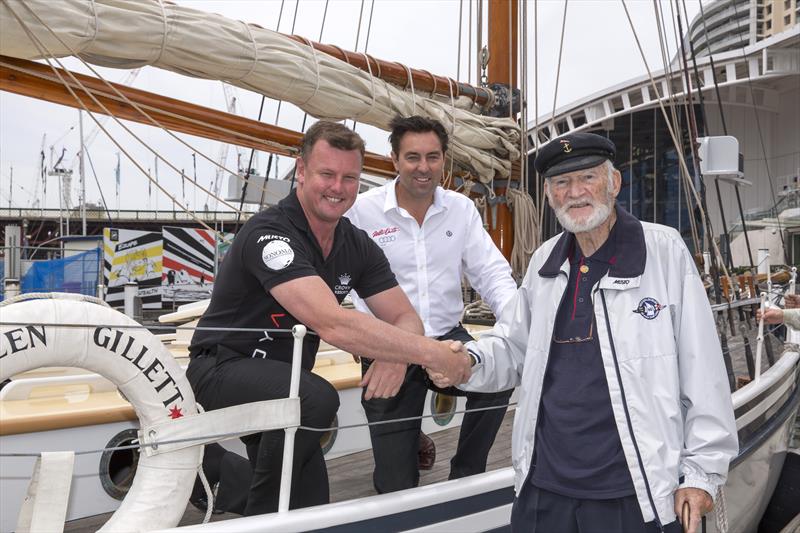 Anthony Bell and Mark Richards aboard Kathleen Gillett (from the 1945 race) with John Gordon (competitor in 1945 race) photo copyright Andrea Francolini / RSHYR taken at Cruising Yacht Club of Australia
