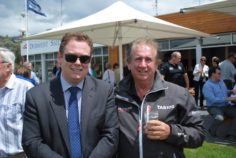 Gary Smith (right) skipper of The Fork in the Road with Commodore Richard Batt from the Royal Yacht Club of Tasmania at the launch of the Launceston to Hobart race photo copyright Peter Campbell taken at Derwent Sailing Squadron