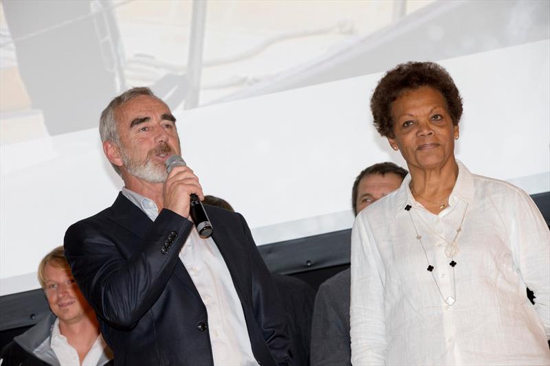 Loïck Peyron and Jacqueline Tabarly on stage during The Transat Press Conference at the Salon Nautique 2016 photo copyright Alexis Courcoux taken at 