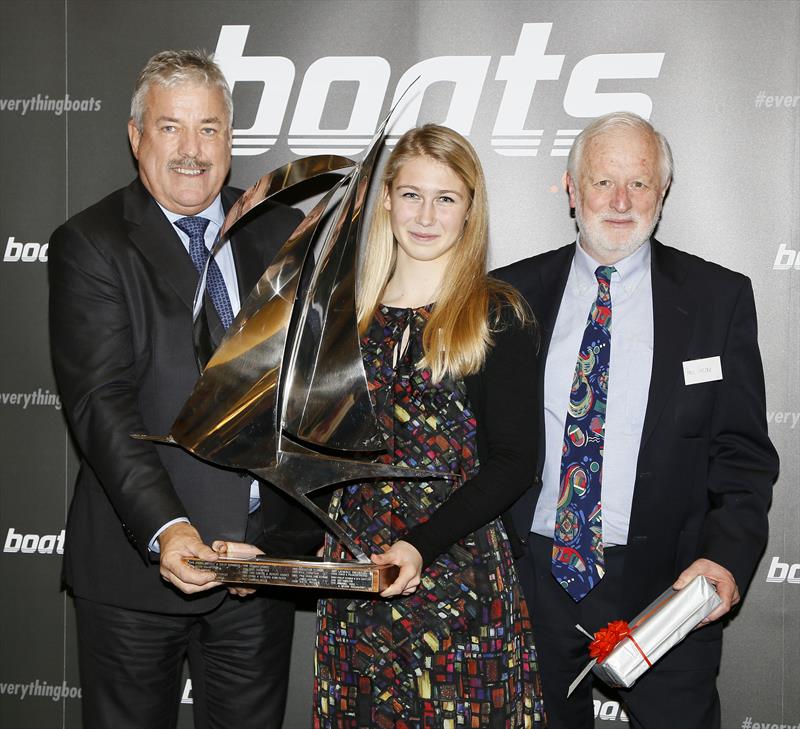 15 year old Eleanor Poole from Dunsford, Devon,  winner of the boats.com YJA Young Sailor of the Year Award, presented by Ian Atkins, CEO of boats.com, and Paul Gelder, Chairman of the Yachting Journalists' Association - photo © Patrick Roach